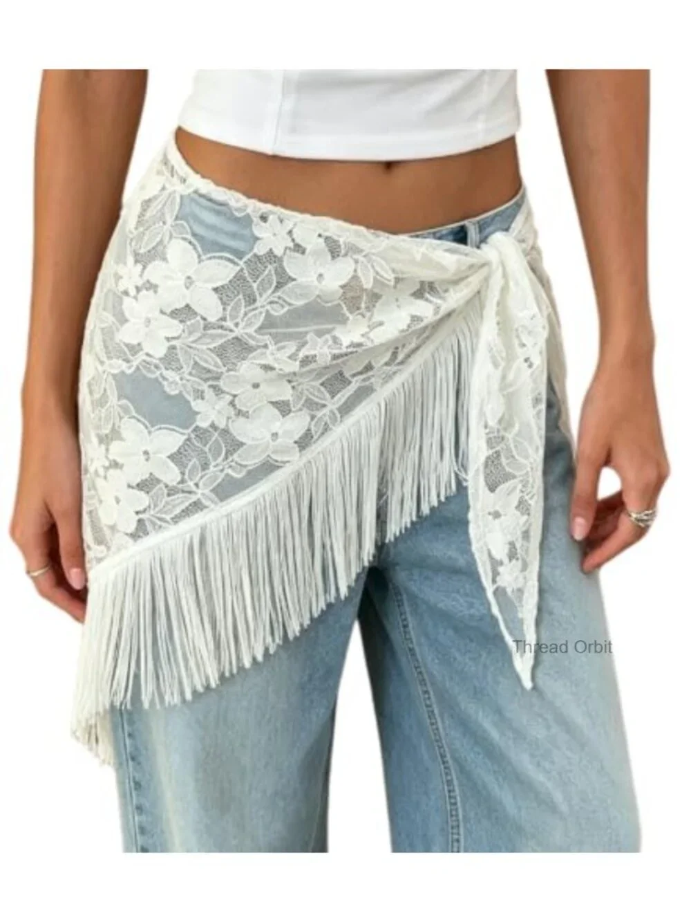 Y2K Lace Hip Scarf Triangle Tassel Waist Belt Skirt Sheer Cover Up